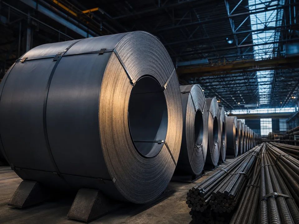 Ferrous steel coils and reinforcing bars in an industrial warehouse