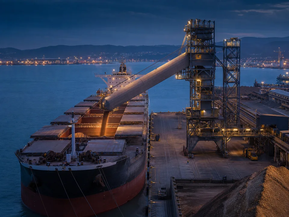 Bulk carrier loading commodities at an international port